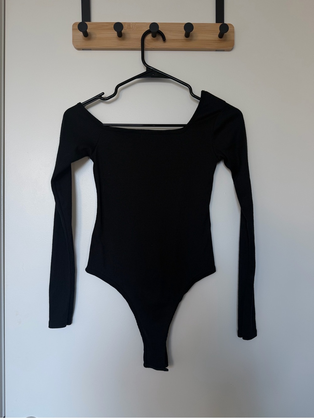 Nasty Gal Black Ribbed Square-Neck Long Sleeve Bodysuit
